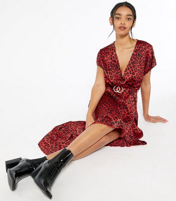 Red Leopard Print Satin Midi Dress ...